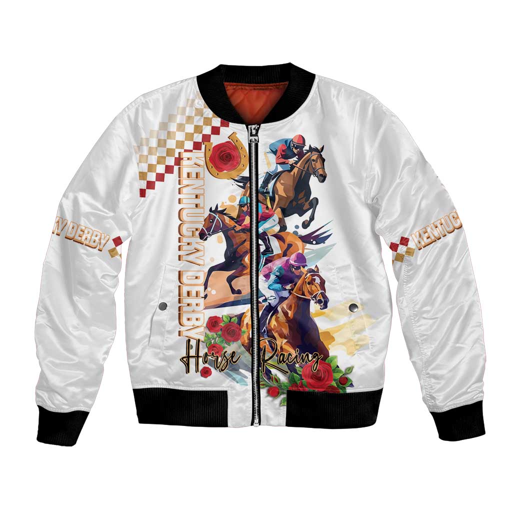 White unisex bomber jacket with horse racing and roses graphic, front zip, black cuffs