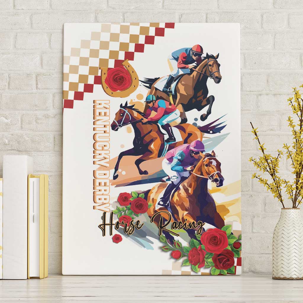 Horse racing canvas wall art with jockey horses, checkered flag backdrop, and roses at bottom