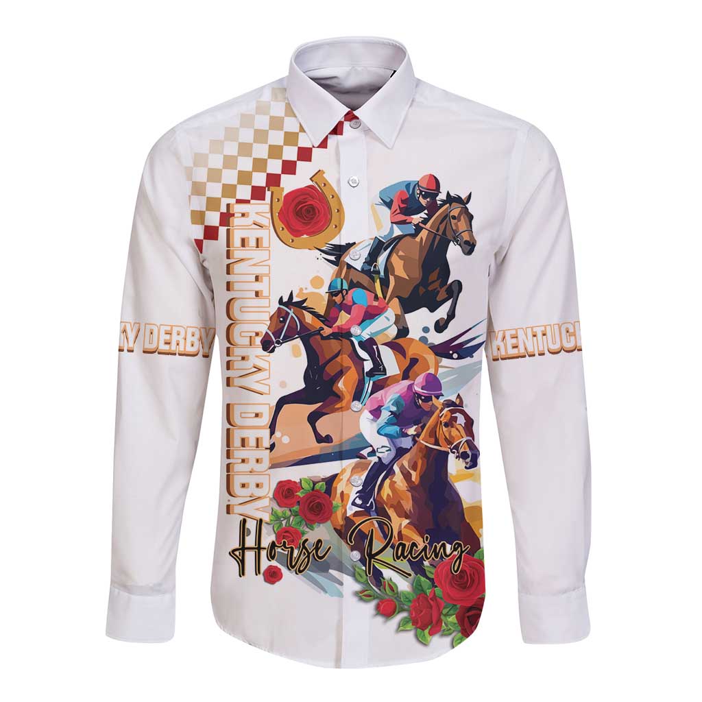 White long-sleeve button shirt with colorful horse racing and rose graphic, front view
