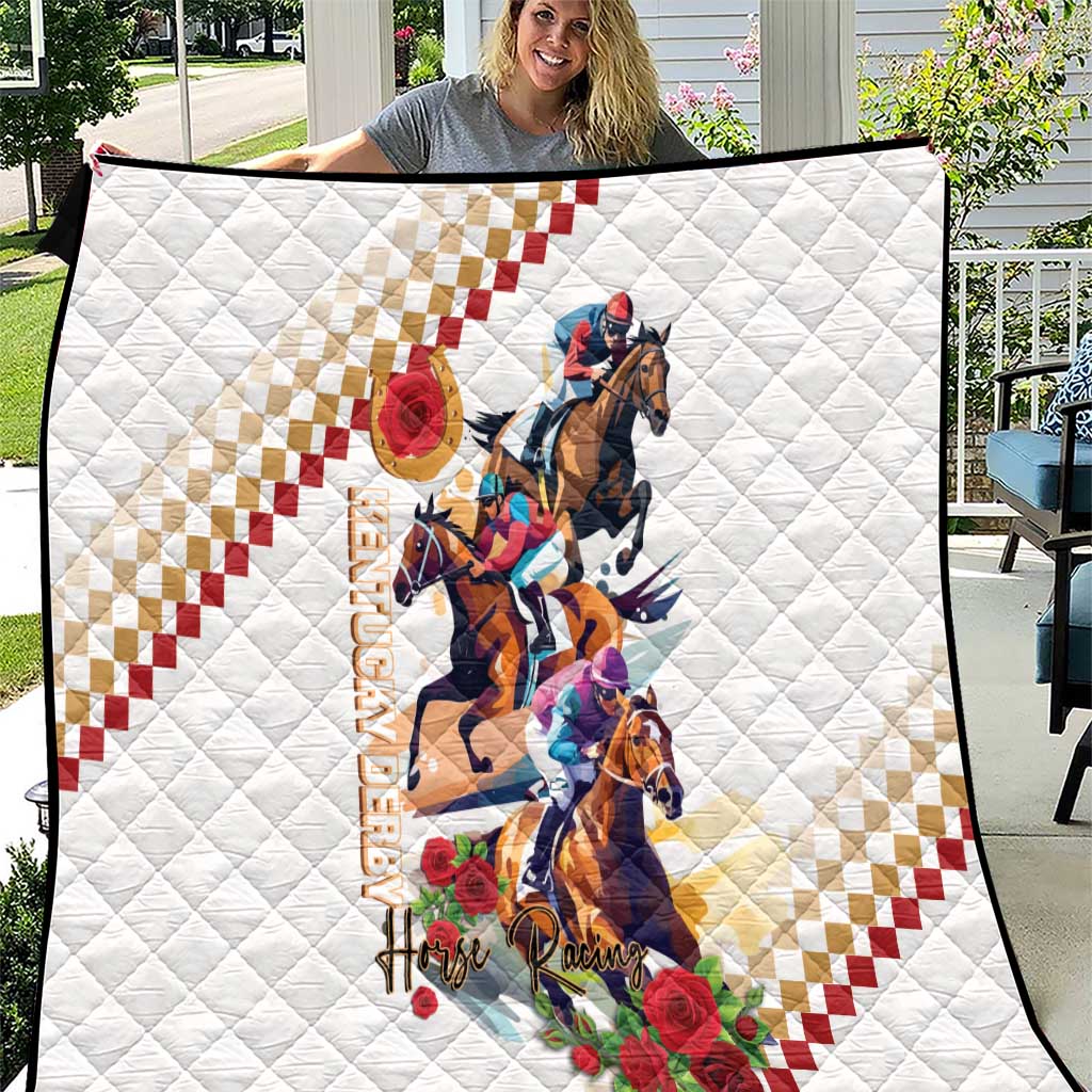 White quilt with quilted diamonds and horse racing artwork, checker border, red roses