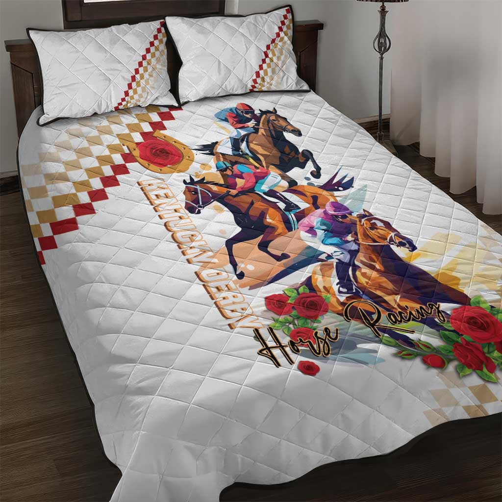 White horse racing quilt bed set with two pillows and rose border detail, bed view