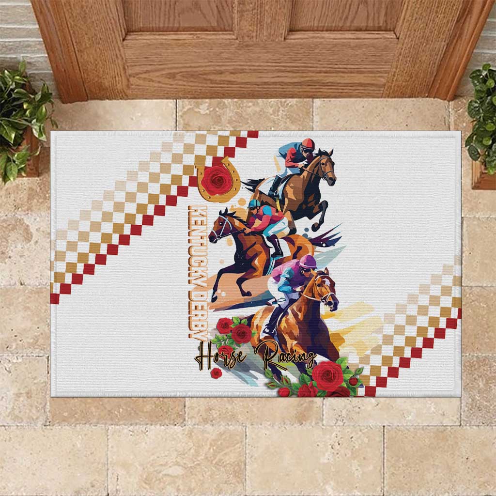 Rubber horse racing doormat with checkered border, horses and roses design