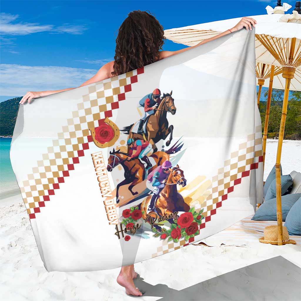 White sarong with colorful horse riders, roses, and checkered border graphic