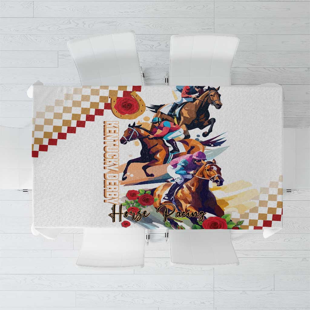 Square tablecloth with horse racing graphic, roses, and red-and-cream check pattern