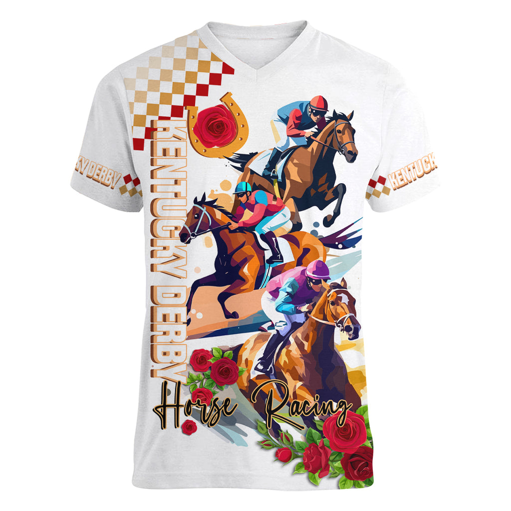 Kentucky Horse Racing Women V Neck T Shirt 2024 Happy 150th Anniversary With Roses