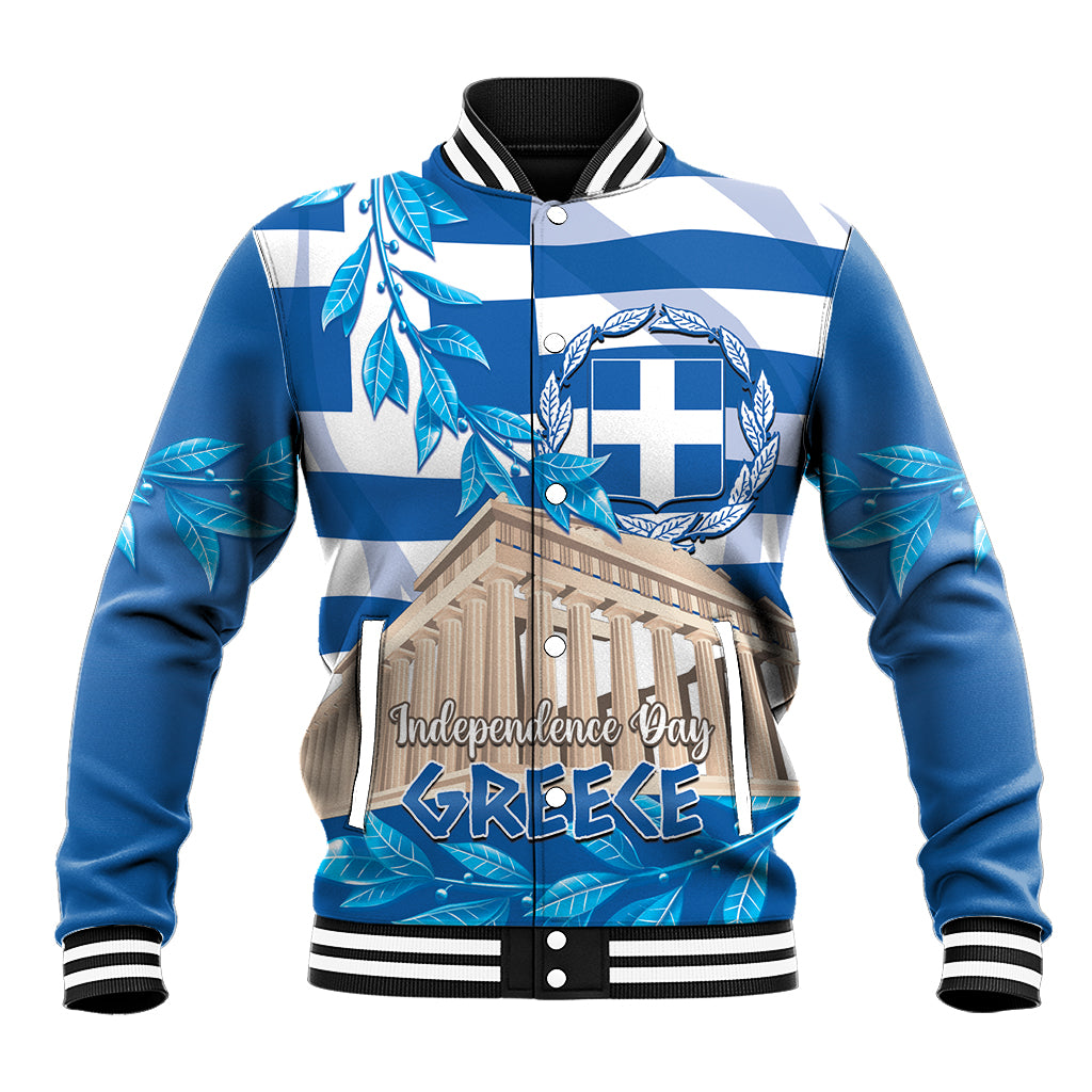 Blue and white check baseball jacket with snap buttons, striped collar, front graphic
