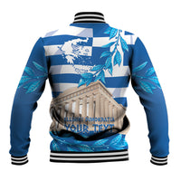 Blue and white check baseball jacket with striped ribbing, back graphic and laurel