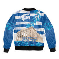 Unisex blue striped bomber jacket with ribbed cuffs and back panel map graphic