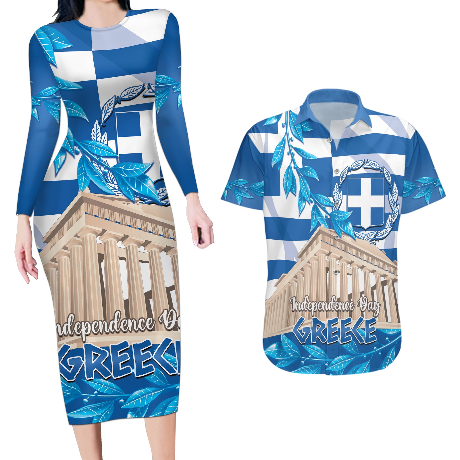 Personalised Greece Independence Day Couples Matching Long Sleeve Bodycon Dress and Hawaiian Shirt Acropolis Mix Laurel Branch - Wonder Print Shop