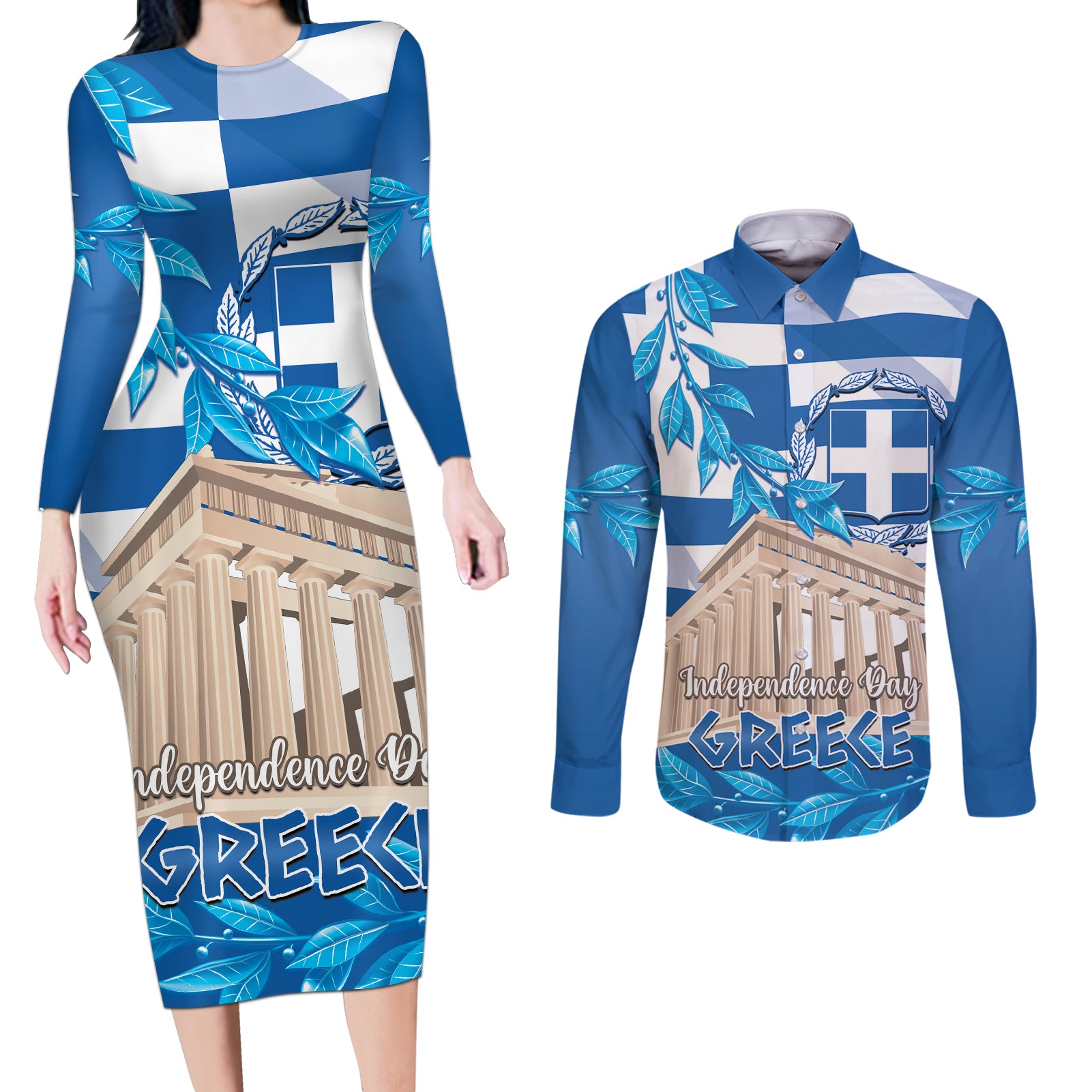 Personalised Greece Independence Day Couples Matching Long Sleeve Bodycon Dress and Long Sleeve Button Shirt Acropolis Mix Laurel Branch - Wonder Print Shop