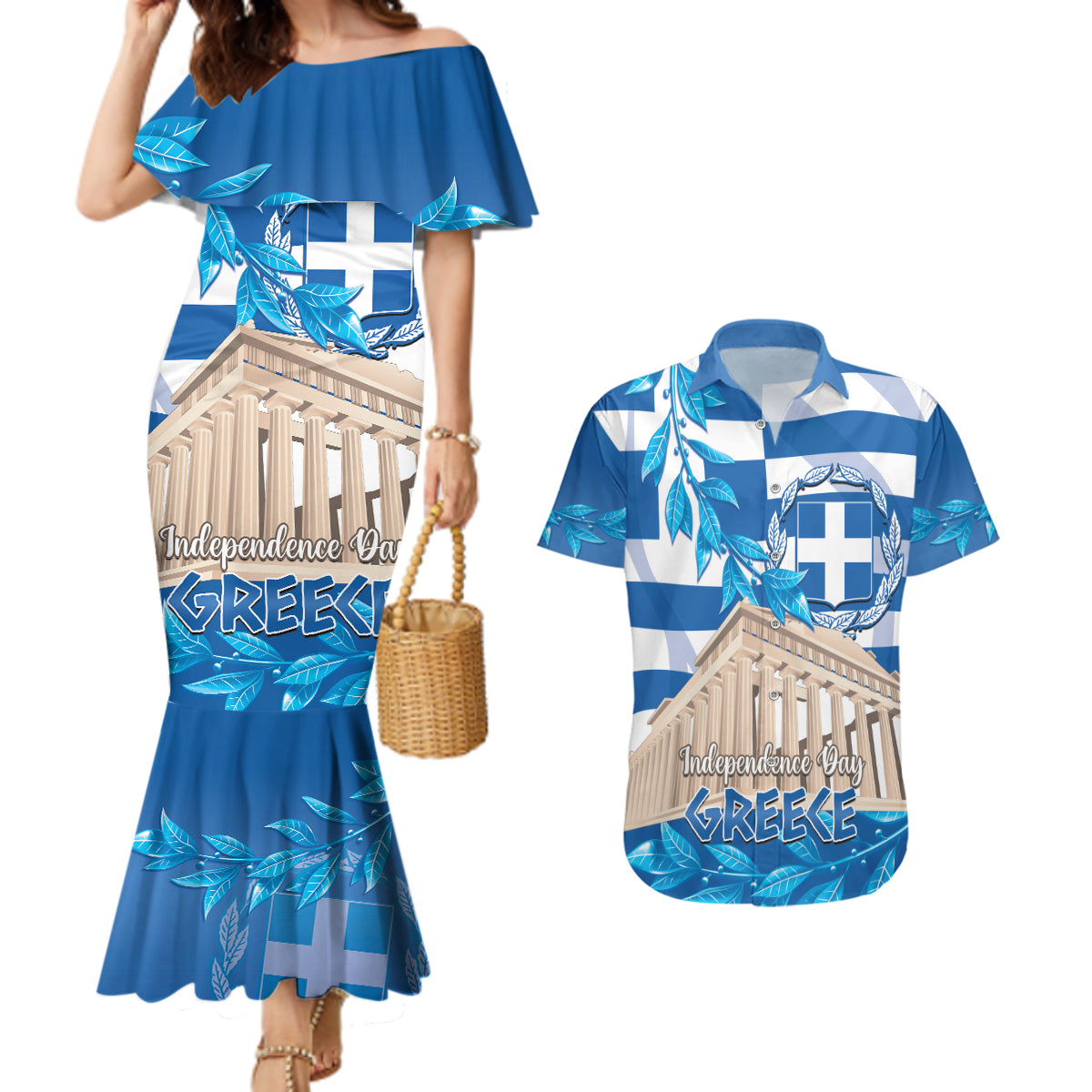 Personalised Greece Independence Day Couples Matching Mermaid Dress and Hawaiian Shirt Acropolis Mix Laurel Branch - Wonder Print Shop