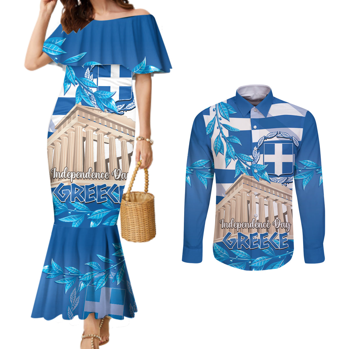 Personalised Greece Independence Day Couples Matching Mermaid Dress and Long Sleeve Button Shirt Acropolis Mix Laurel Branch