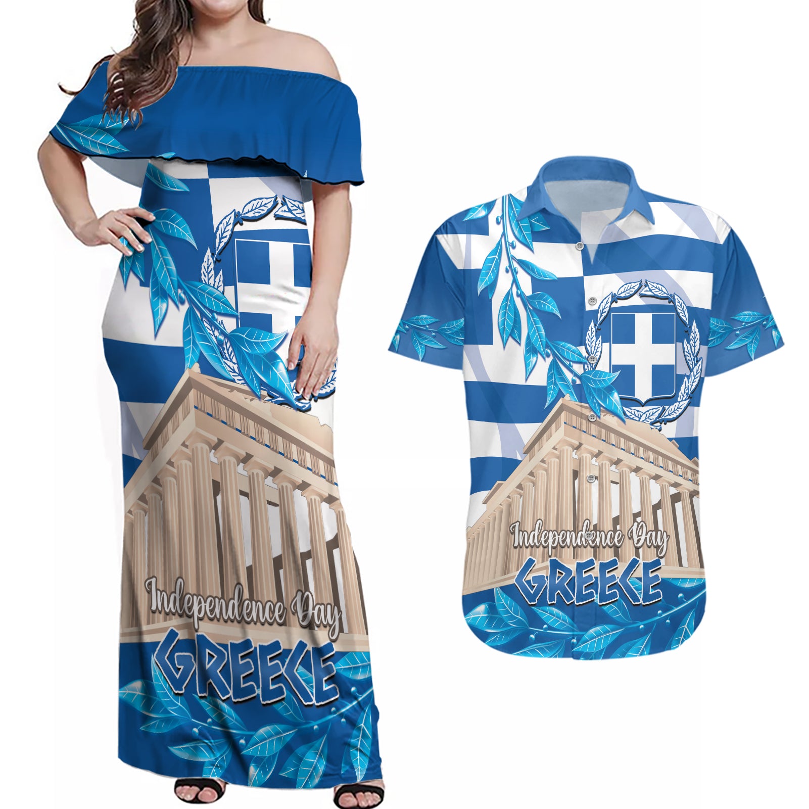 Personalised Greece Independence Day Couples Matching Off Shoulder Maxi Dress and Hawaiian Shirt Acropolis Mix Laurel Branch - Wonder Print Shop