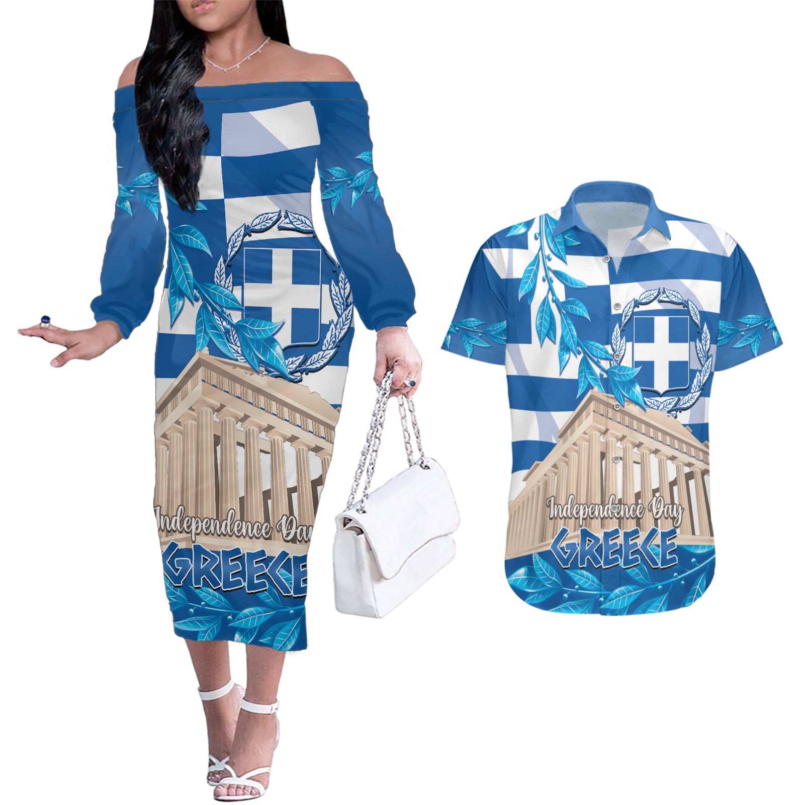 Personalised Greece Independence Day Couples Matching Off The Shoulder Long Sleeve Dress and Hawaiian Shirt Acropolis Mix Laurel Branch - Wonder Print Shop