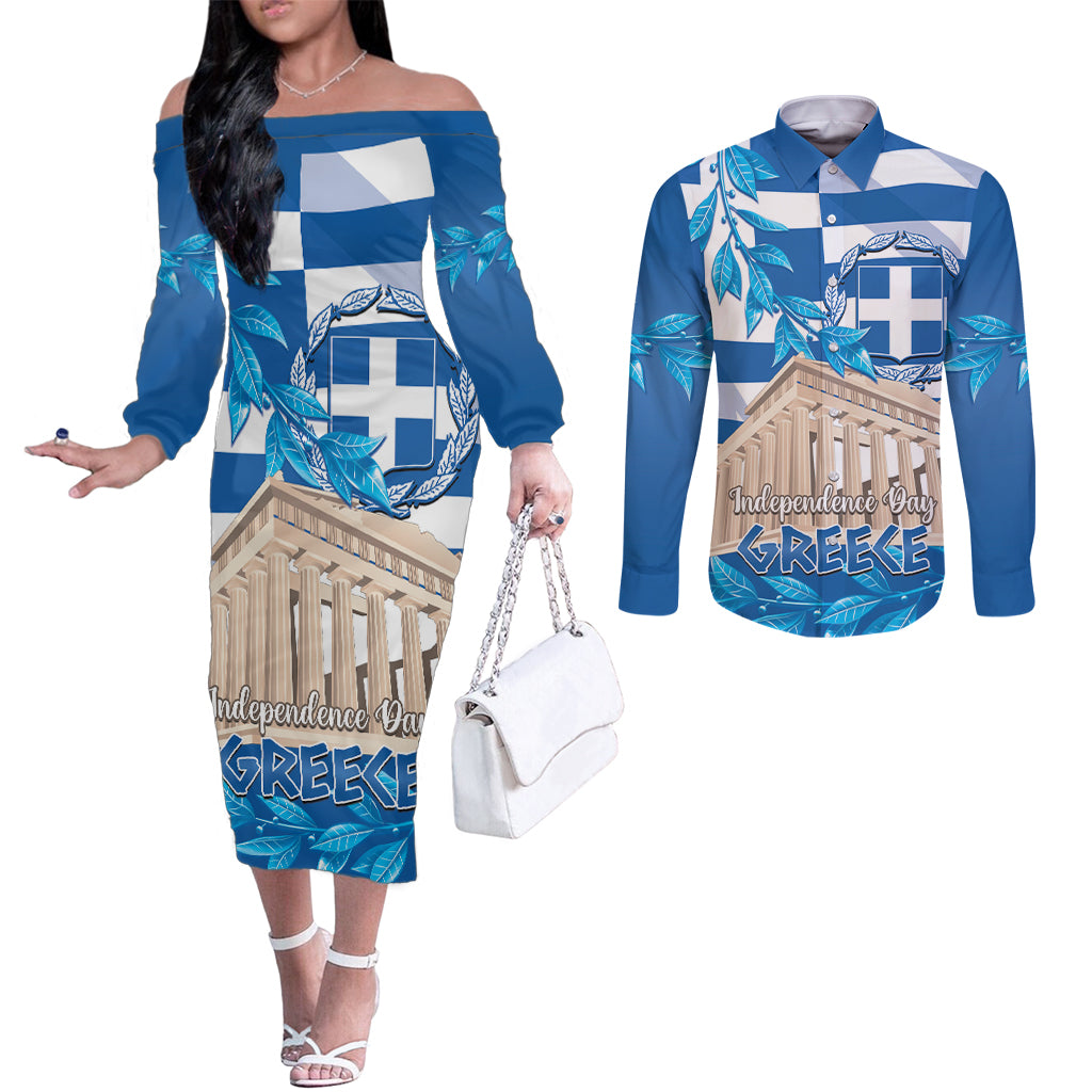 Personalised Greece Independence Day Couples Matching Off The Shoulder Long Sleeve Dress and Long Sleeve Button Shirt Acropolis Mix Laurel Branch