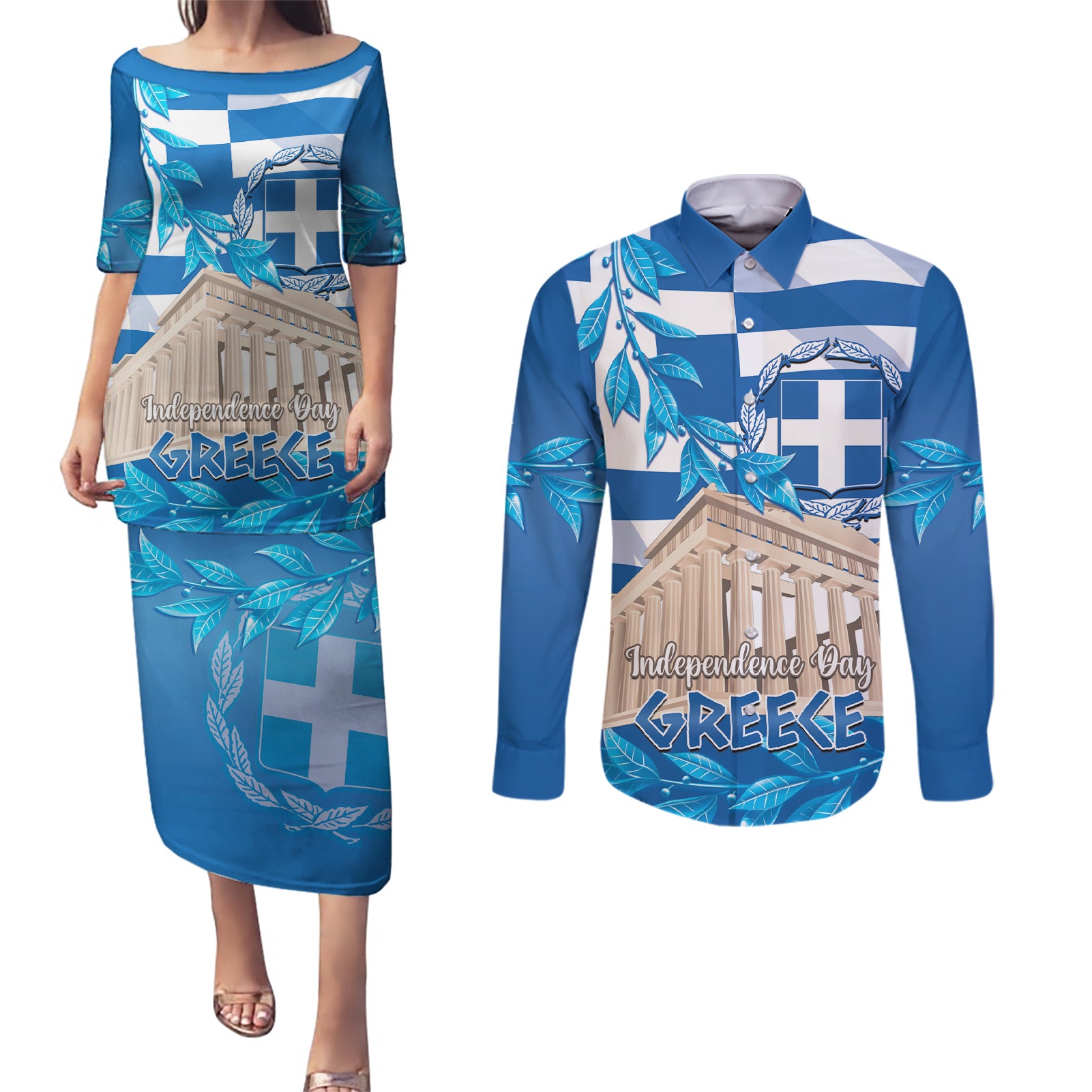 Personalised Greece Independence Day Couples Matching Puletasi and Long Sleeve Button Shirt Acropolis Mix Laurel Branch - Wonder Print Shop