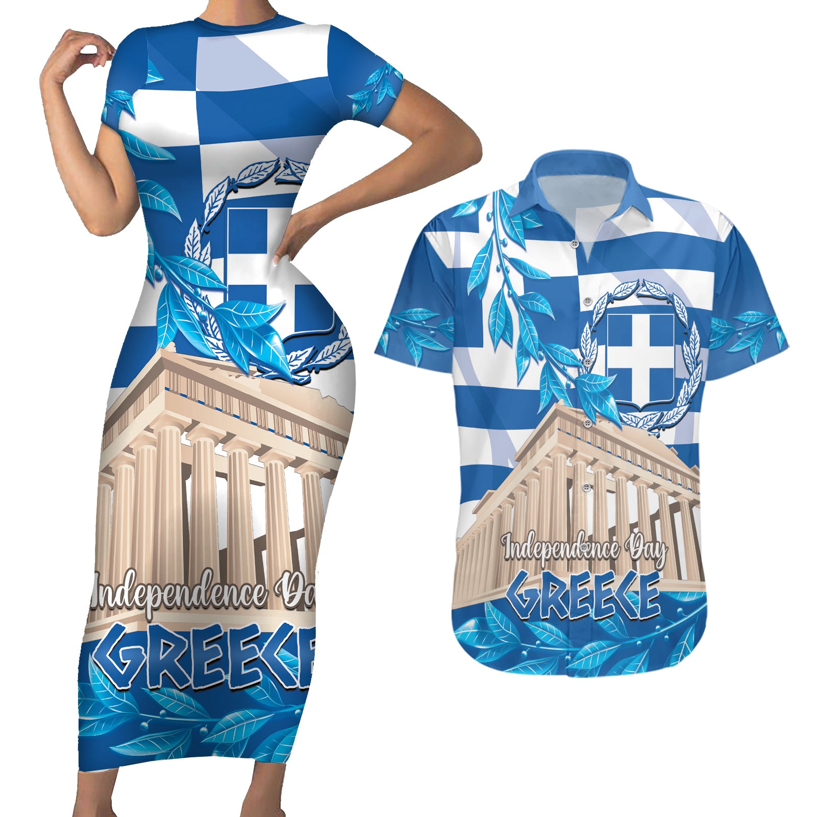 Personalised Greece Independence Day Couples Matching Short Sleeve Bodycon Dress and Hawaiian Shirt Acropolis Mix Laurel Branch - Wonder Print Shop