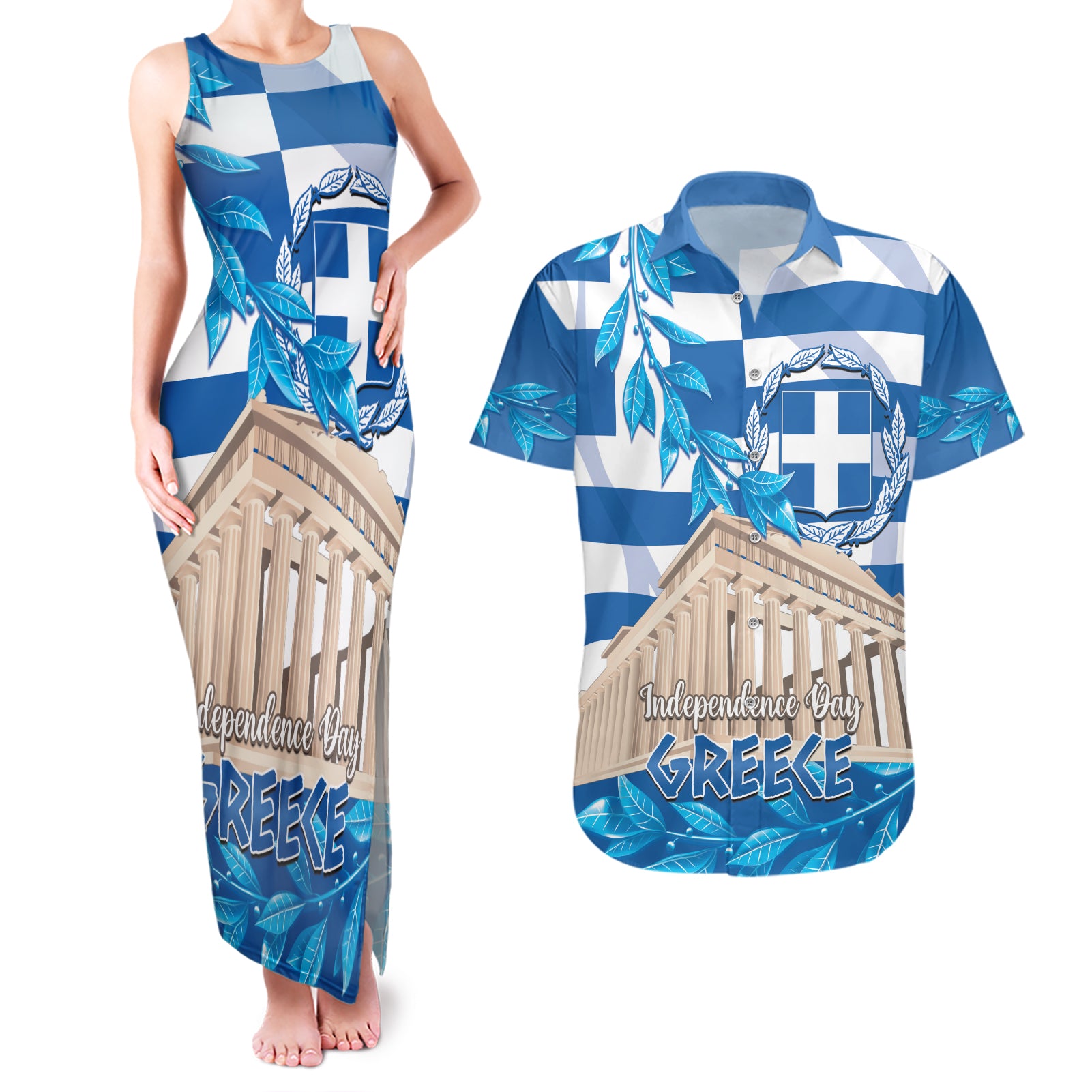 Personalised Greece Independence Day Couples Matching Tank Maxi Dress and Hawaiian Shirt Acropolis Mix Laurel Branch - Wonder Print Shop