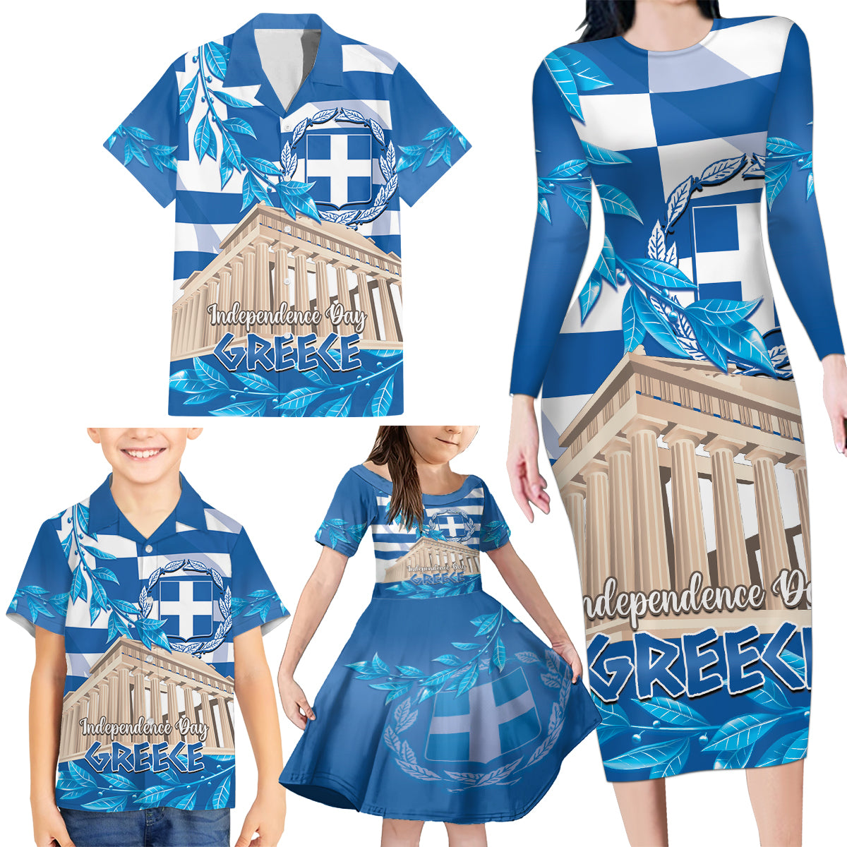 Personalised Greece Independence Day Family Matching Long Sleeve Bodycon Dress and Hawaiian Shirt Acropolis Mix Laurel Branch - Wonder Print Shop