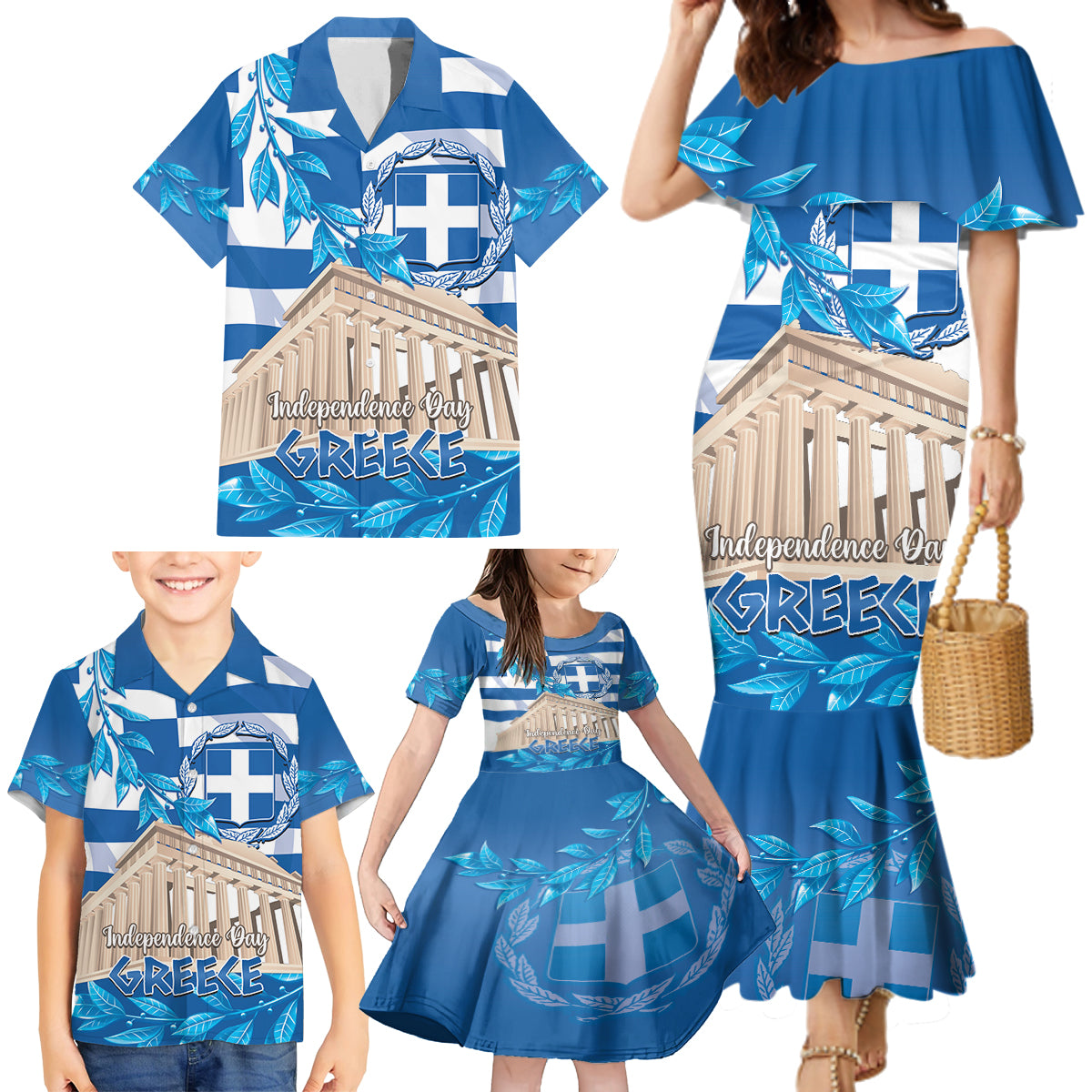 Personalised Greece Independence Day Family Matching Mermaid Dress and Hawaiian Shirt Acropolis Mix Laurel Branch - Wonder Print Shop