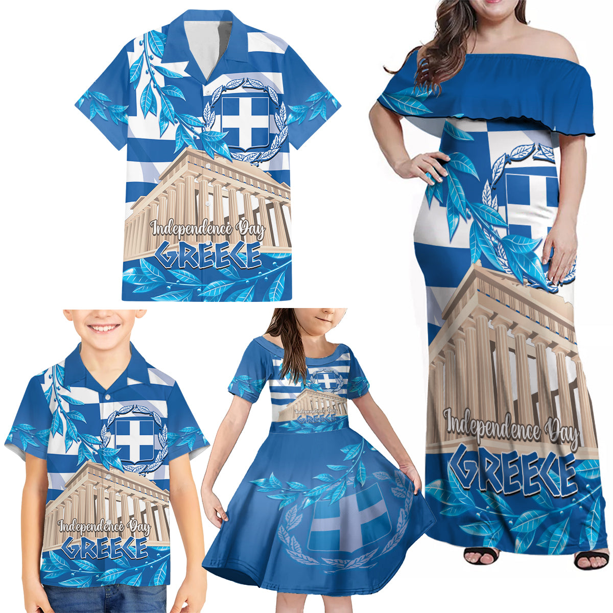 Personalised Greece Independence Day Family Matching Off Shoulder Maxi Dress and Hawaiian Shirt Acropolis Mix Laurel Branch - Wonder Print Shop