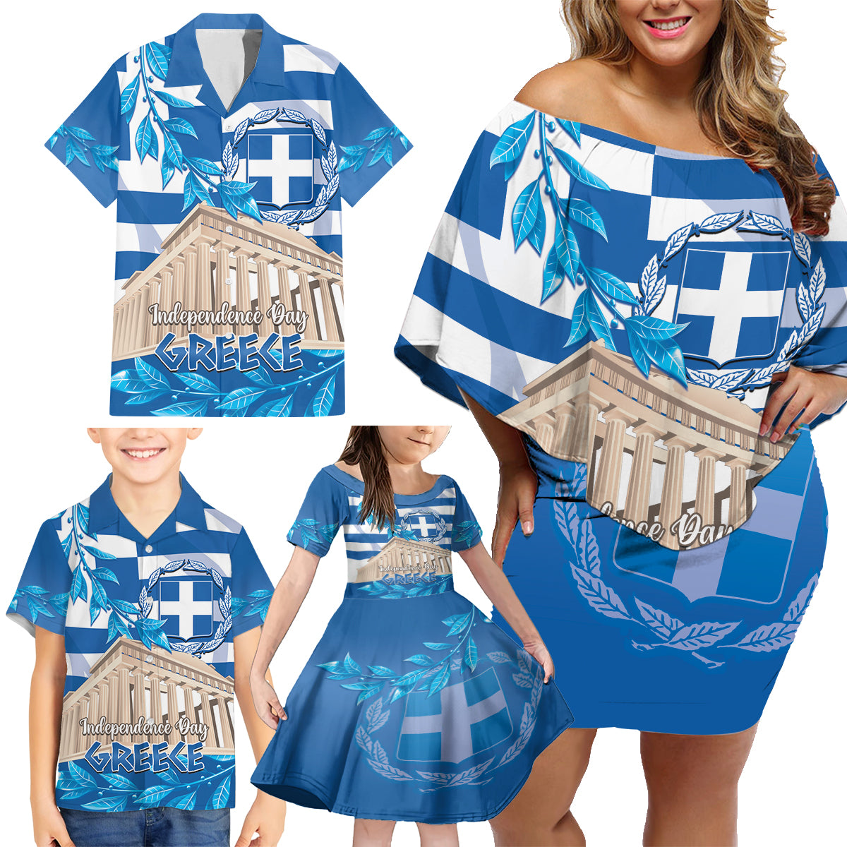 Personalised Greece Independence Day Family Matching Off Shoulder Short Dress and Hawaiian Shirt Acropolis Mix Laurel Branch - Wonder Print Shop