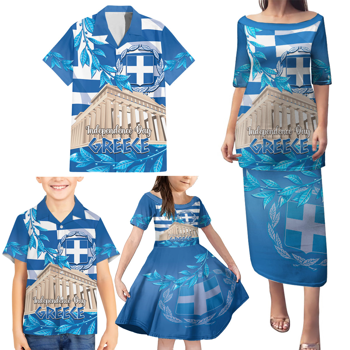 Personalised Greece Independence Day Family Matching Puletasi and Hawaiian Shirt Acropolis Mix Laurel Branch - Wonder Print Shop