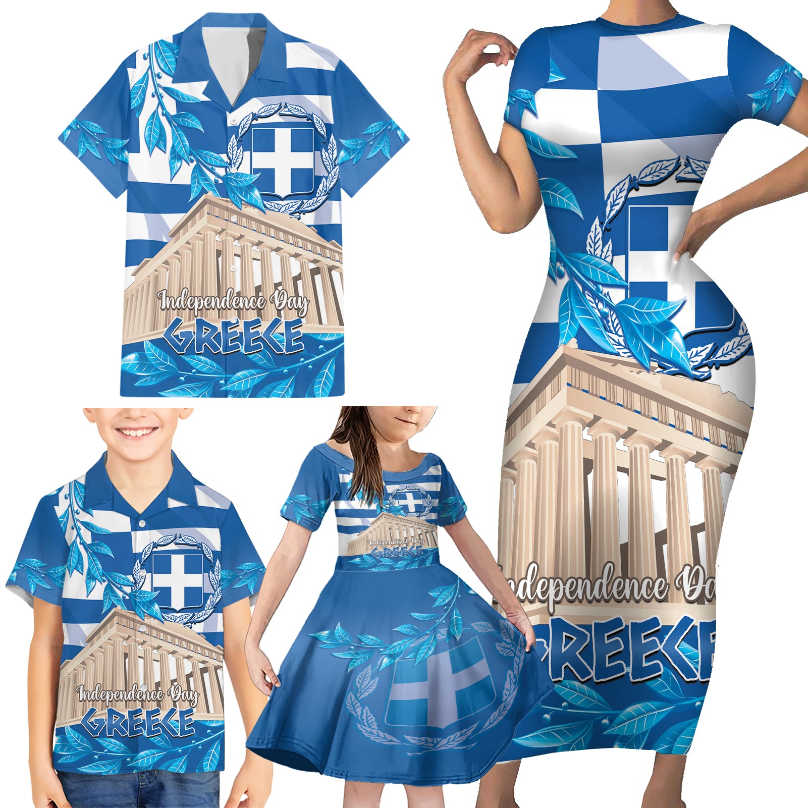 Personalised Greece Independence Day Family Matching Short Sleeve Bodycon Dress and Hawaiian Shirt Acropolis Mix Laurel Branch - Wonder Print Shop