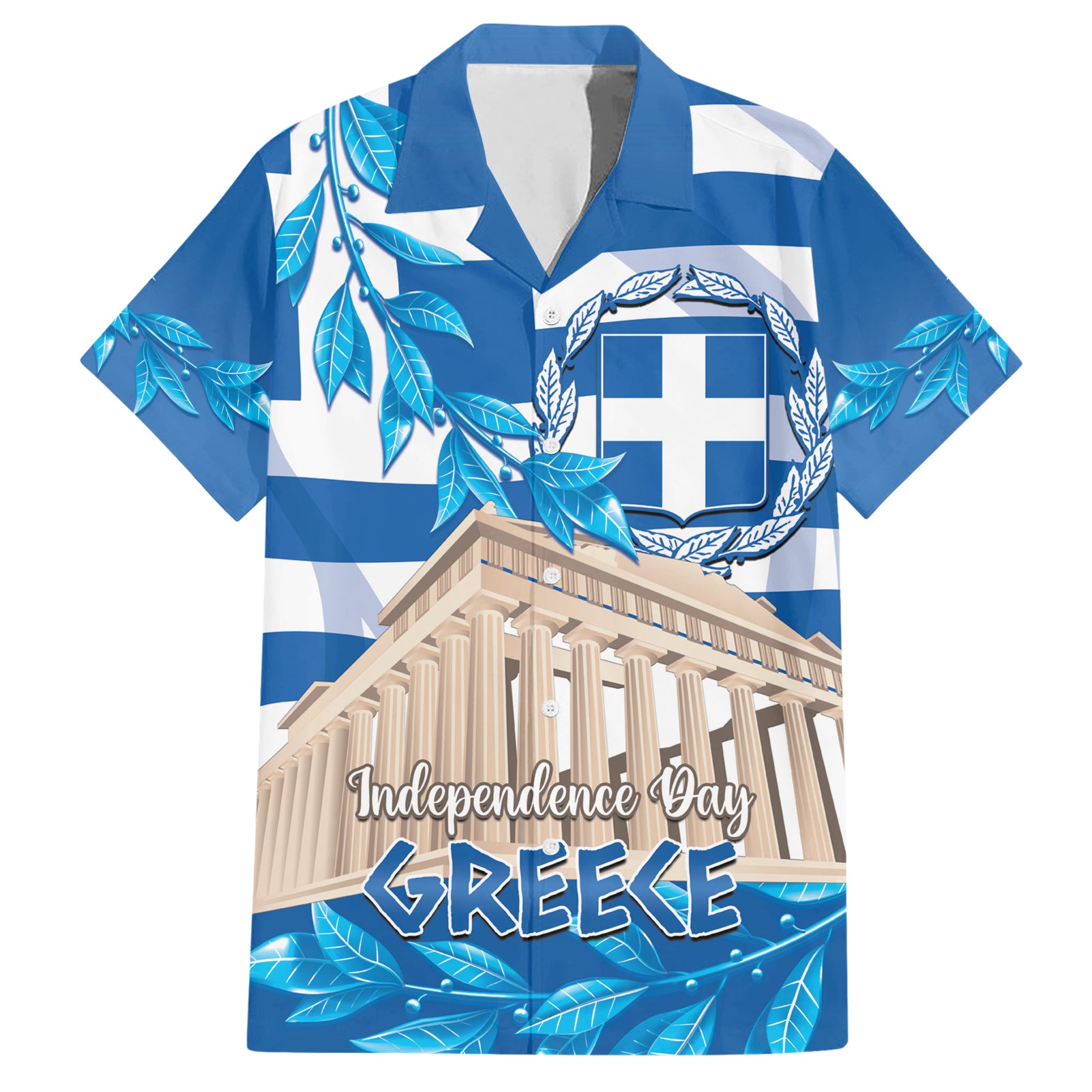 Personalised Greece Independence Day Hawaiian Shirt Acropolis Mix Laurel Branch - Wonder Print Shop