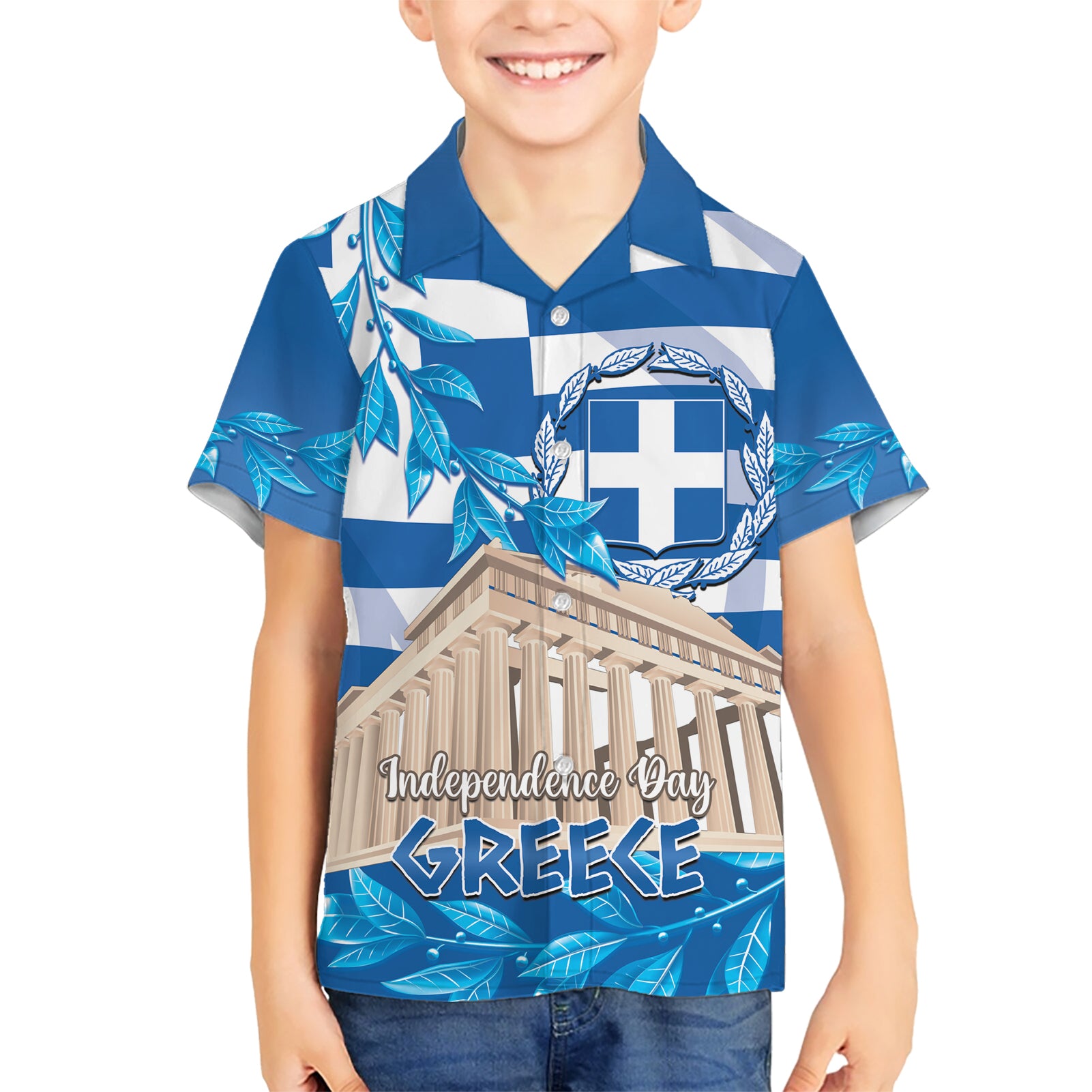 Personalised Greece Independence Day Kid Hawaiian Shirt Acropolis Mix Laurel Branch - Wonder Print Shop