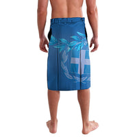 Blue lavalava wrap skirt with Greek cross and leaf laurel print; elastic waistband
