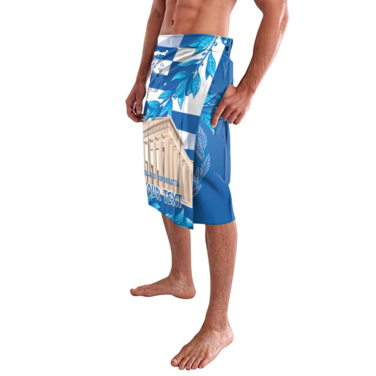 Blue lavalava wrap skirt with Greek cross, leaf laurel print, and 'YOUR TEXT' panel