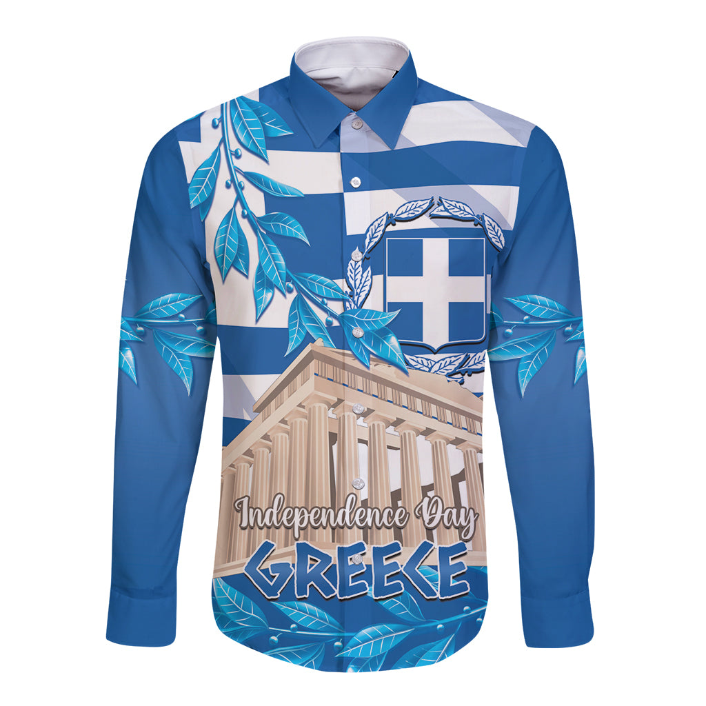 Blue long-sleeve button shirt with Greece flag, laurel, and Independence Day print