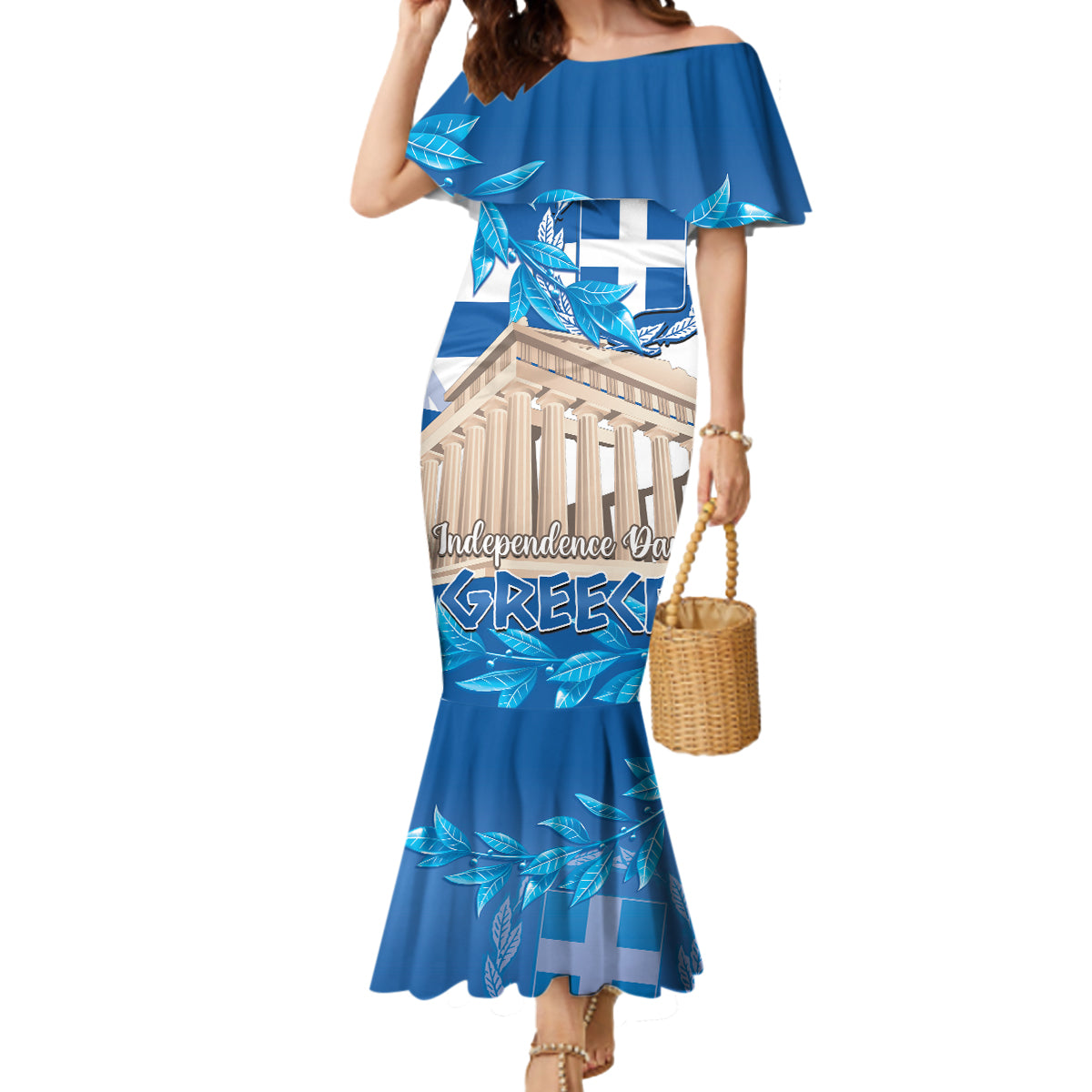 Personalised Greece Independence Day Mermaid Dress Acropolis Mix Laurel Branch - Wonder Print Shop