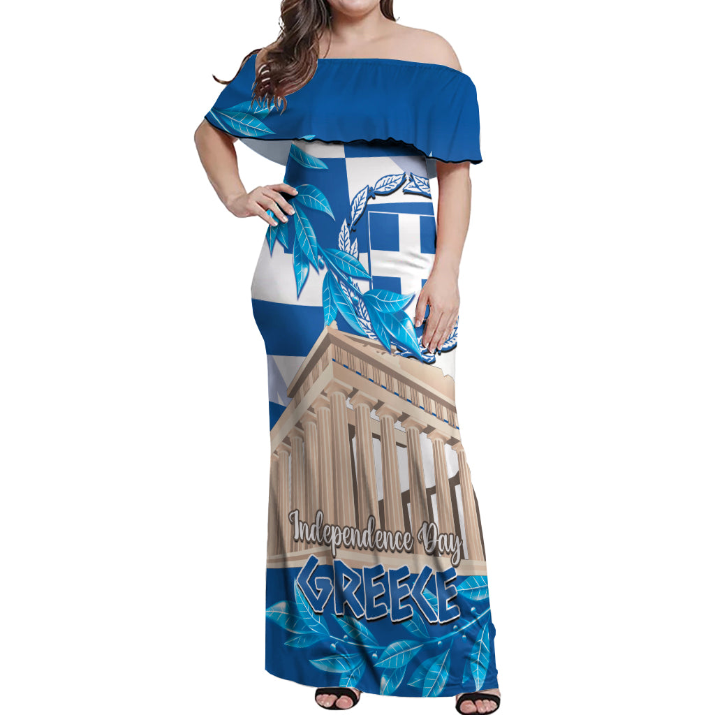 Personalised Greece Independence Day Off Shoulder Maxi Dress Acropolis Mix Laurel Branch - Wonder Print Shop