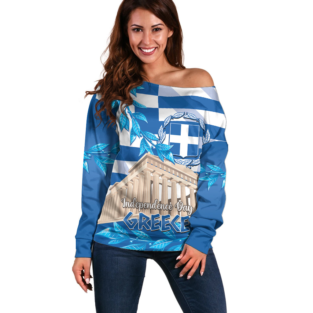 Personalised Greece Independence Day Off Shoulder Sweater Acropolis Mix Laurel Branch - Wonder Print Shop