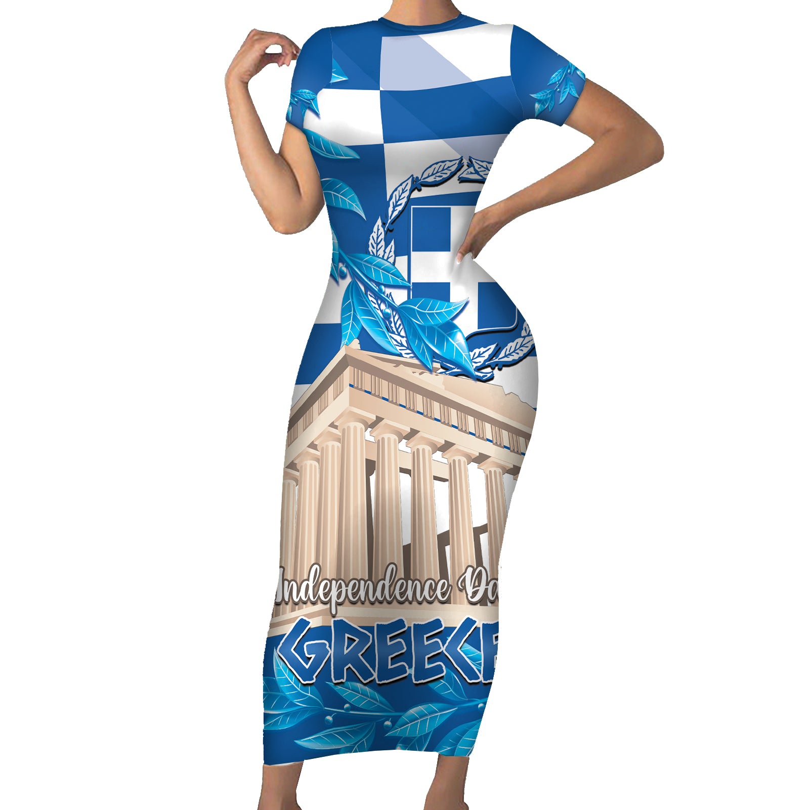 Personalised Greece Independence Day Short Sleeve Bodycon Dress Acropolis Mix Laurel Branch - Wonder Print Shop