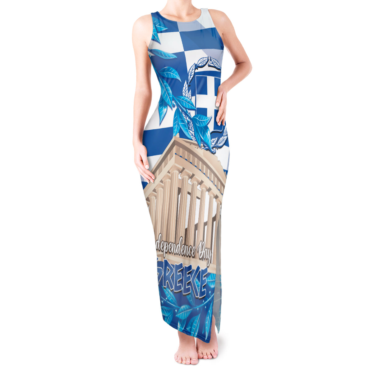 Personalised Greece Independence Day Tank Maxi Dress Acropolis Mix Laurel Branch - Wonder Print Shop