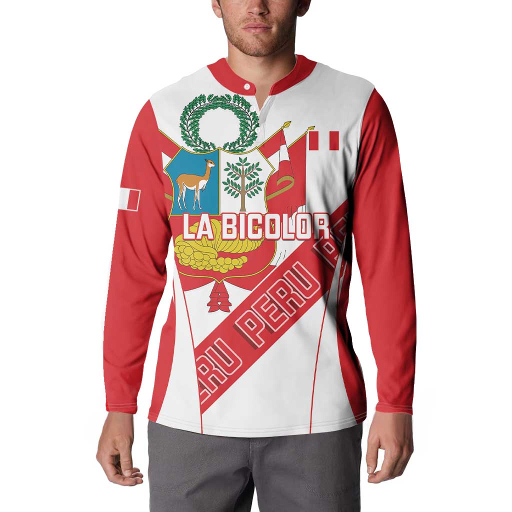 Red and white button-up football sweatshirt with crest and 'LA BICOLOR' front graphic