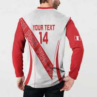 Back view: red and white button-up football sweatshirt with 'YOUR TEXT' and 14 on back