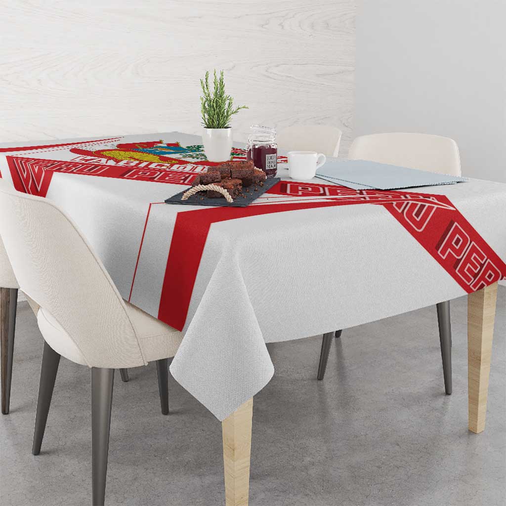 White tablecloth with red stripe bands and crest print along table edge