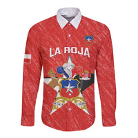 Red long-sleeve button football shirt with LA ROJA crest graphic and white collar