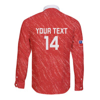 Back view red long-sleeve button football shirt with YOUR TEXT 14 and number patch