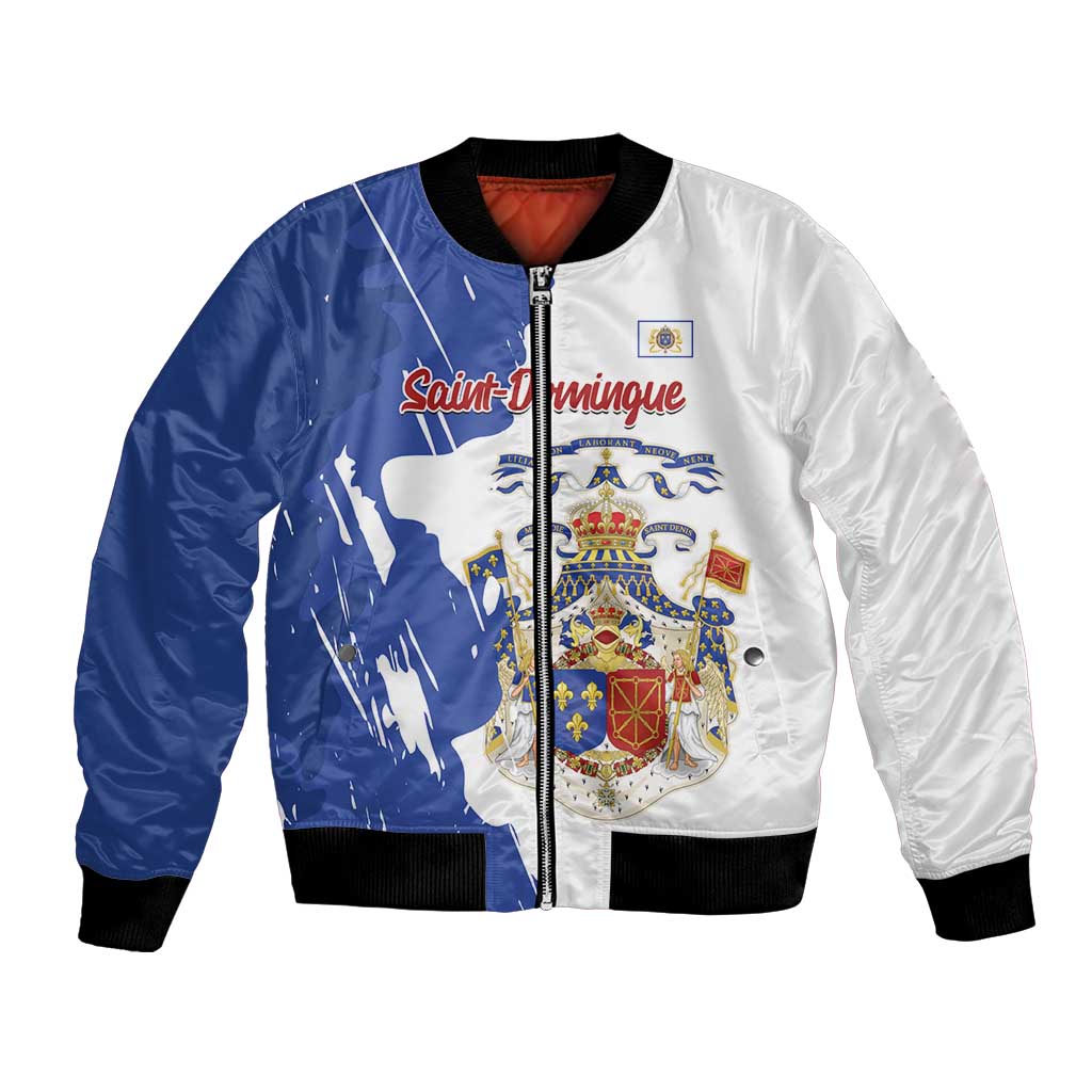 Two-tone bomber jacket with front zip; black rib cuffs; Saint-Domingue crest