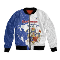 Two-tone bomber jacket with front zip; black rib cuffs; Saint-Domingue crest