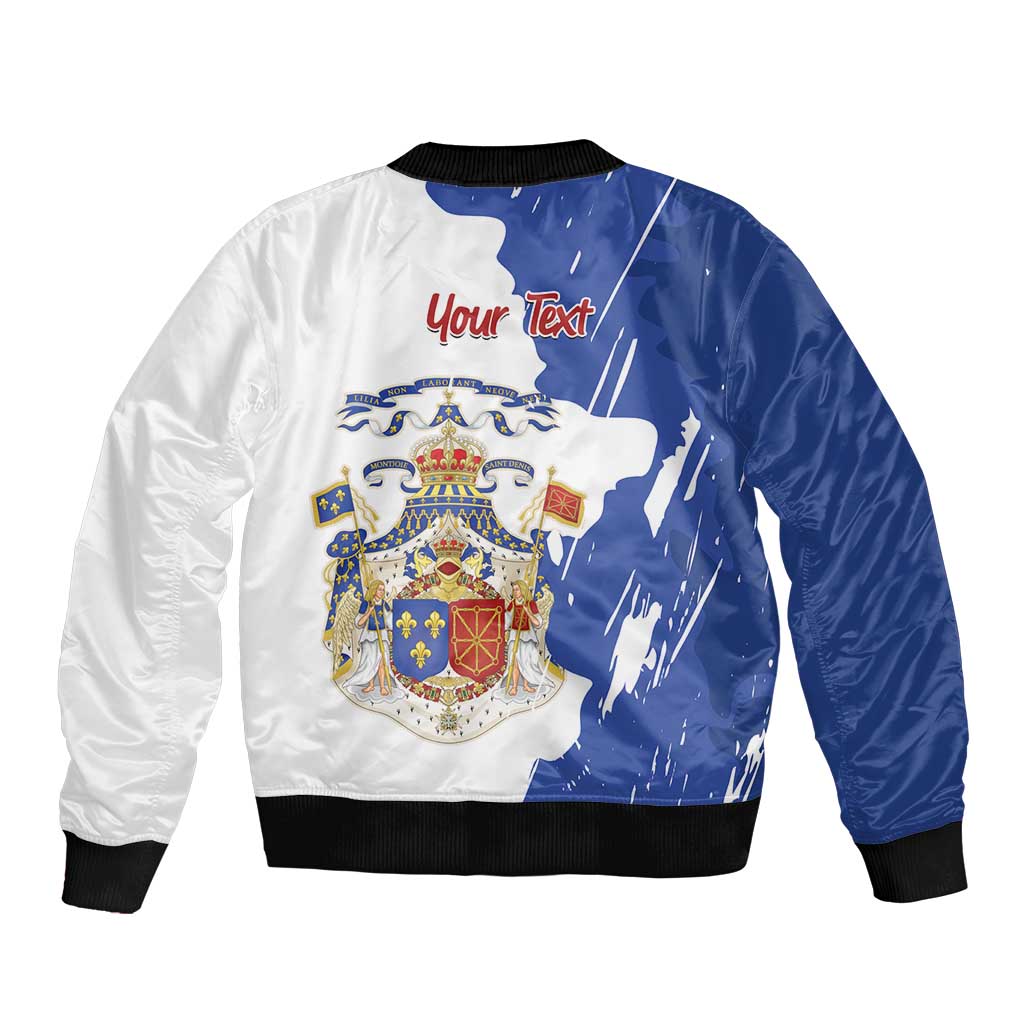 Two-tone bomber jacket back; 'Your Text' over coat-of-arms; black rib hem