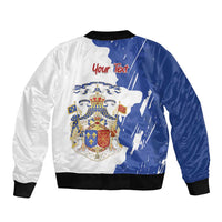 Two-tone bomber jacket back; 'Your Text' over coat-of-arms; black rib hem
