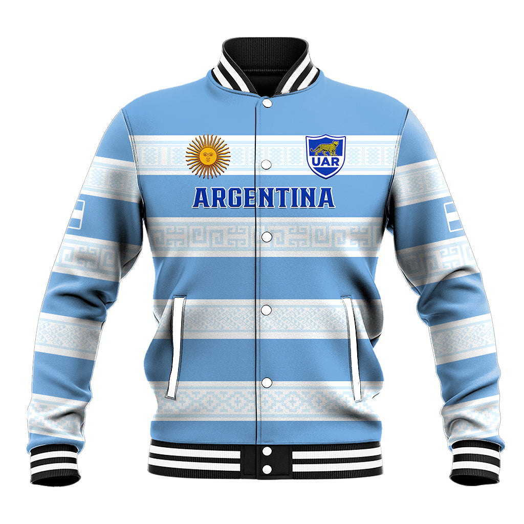Light blue rugby baseball jacket with striped ribbed collar, button front, and Argentina chest print