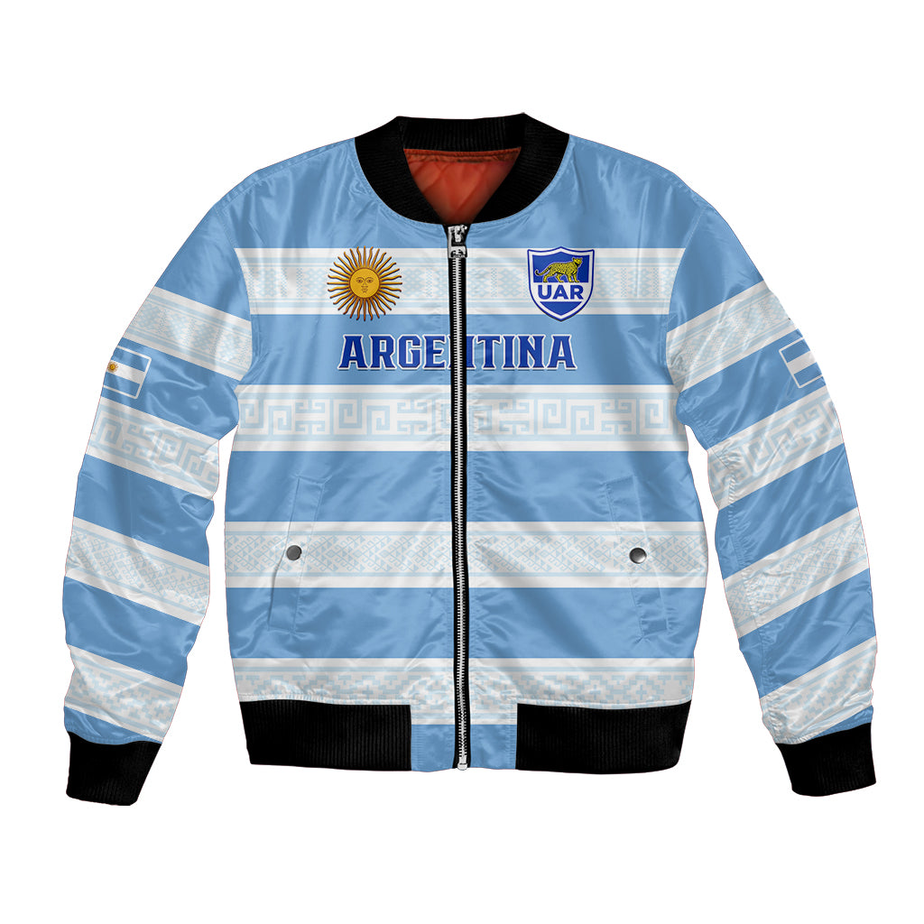 Argentina rugby bomber jacket in light blue with striped sleeves, zip front, black cuffs