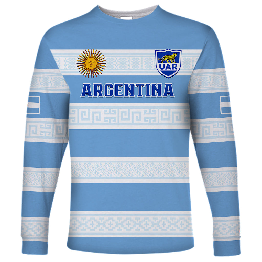 Blue long-sleeve rugby shirt with crest, Argentina lettering, and sun emblem